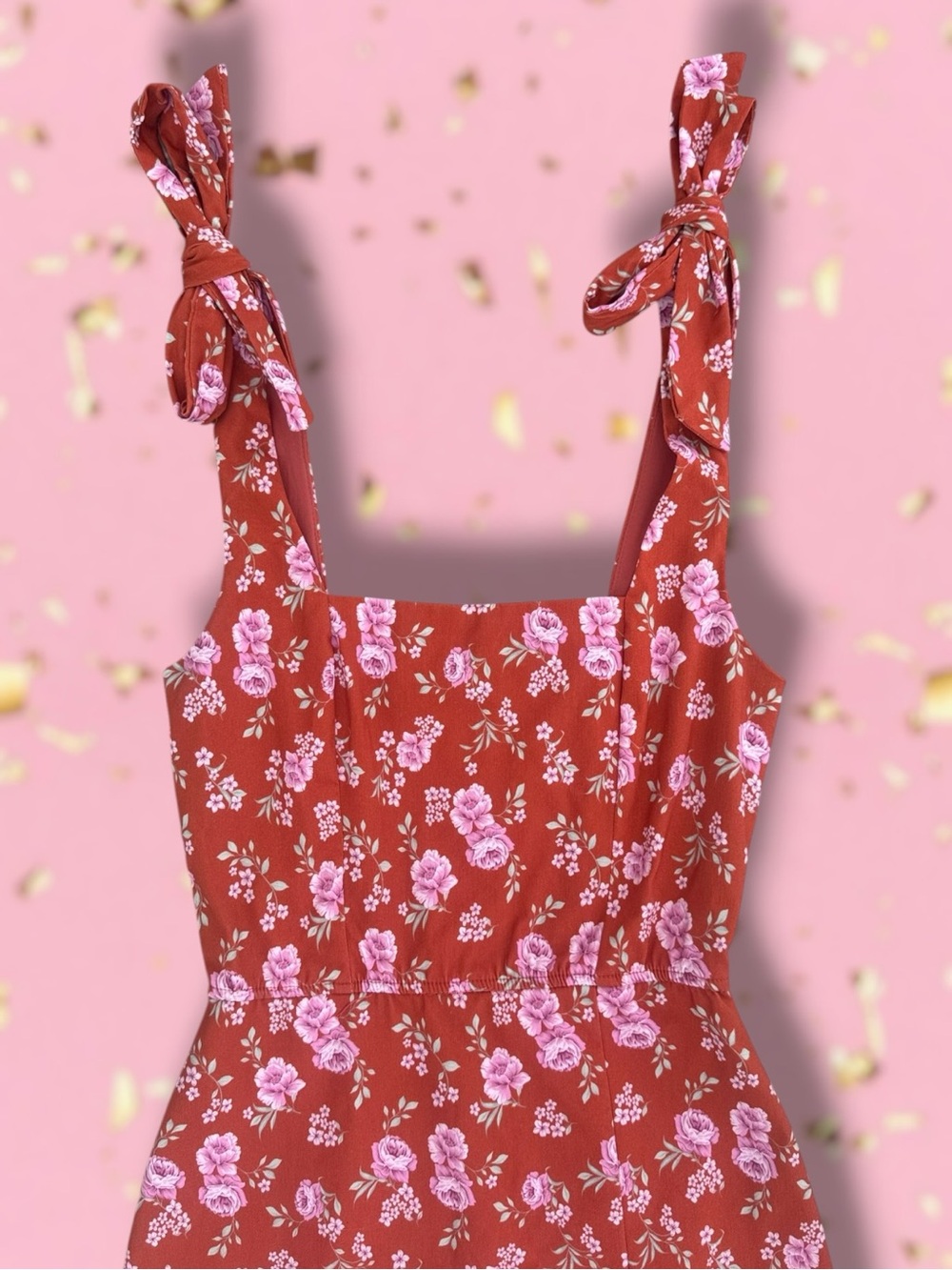 ✨Altar’d State✨Burnt Orange Mini sun dress with pink rose print. - Picture 2 of 8